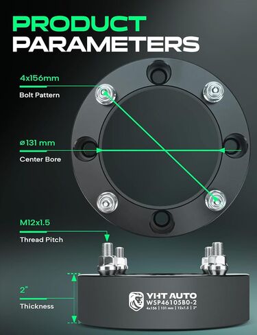YHTAUTO 4x156mm Wheel Spacers 2 inch Fits Polaris Models: Ranger, Ranger Crew, Ranger Crew XP, RZR, Forged Tire Spacers 2 inch with M12x1.5 Studs 131mm Center Bore, Not Hubcentric, 2PCS, Black in Kuwait