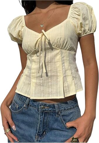 MakeMeChic Women's Textured Puff Sleeve Square Neck Tie Front Shirts Babydoll Blouse Top in Saudi Arabia