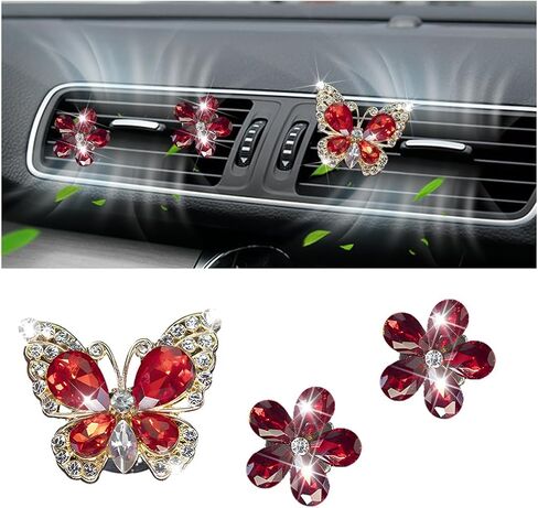 Bling Butterfly Flower Car Air Vent Clip, 3PCS Crystal Rhinestone Diamond Cute Air Conditioning Outlet Ornaments, Auto Interior Dashboard Decoration, Compatible with Most Vehicle (Red) in Saudi Arabia