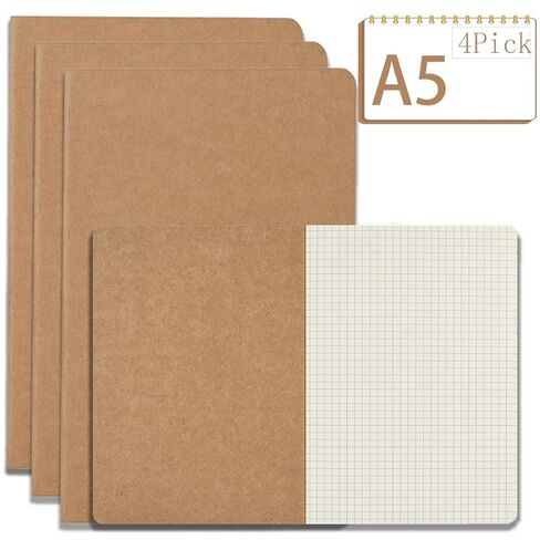 A5 Kraft Notebooks Bulk, Graph Paper Journaling Notebooks, Notebooks for Work, Journal notebooks for kids, Composition Notebooks for School， 60 Pages ，8.3x5.5 Inches (4 Pack) in Saudi Arabia