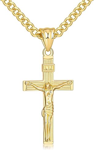 Gold Plated Cross Necklace for Men 14K Gold Plated Cross Necklace for Men Crosses Chain Necklaces for Mens Paired with 4.3mm Cuban Chain Crucifix Pendant Mens Crosses Necklaces 20/22/24in in Kuwait