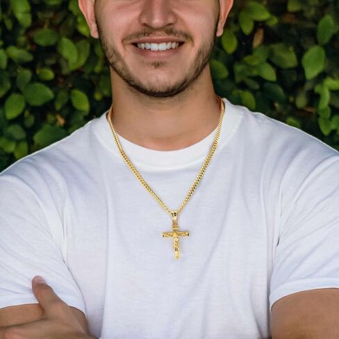 Gold Plated Cross Necklace for Men 14K Gold Plated Cross Necklace for Men Crosses Chain Necklaces for Mens Paired with 4.3mm Cuban Chain Crucifix Pendant Mens Crosses Necklaces 20/22/24in in Kuwait