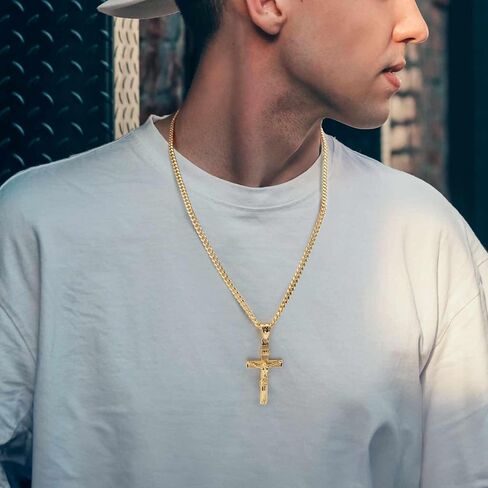 Gold Plated Cross Necklace for Men 14K Gold Plated Cross Necklace for Men Crosses Chain Necklaces for Mens Paired with 4.3mm Cuban Chain Crucifix Pendant Mens Crosses Necklaces 20/22/24in in Kuwait