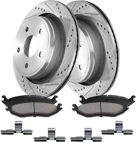 Rear Brake Kit for 2011 2012 2013 2014 2015-2018 Ram 1500, 07-09 Chrysler Aspen, Dodge Ram 1500 Durango Classic Brake Pads and Rotors Kit, Drilled and Slotted Brakes Replacement 13.86" Rotor in Kuwait