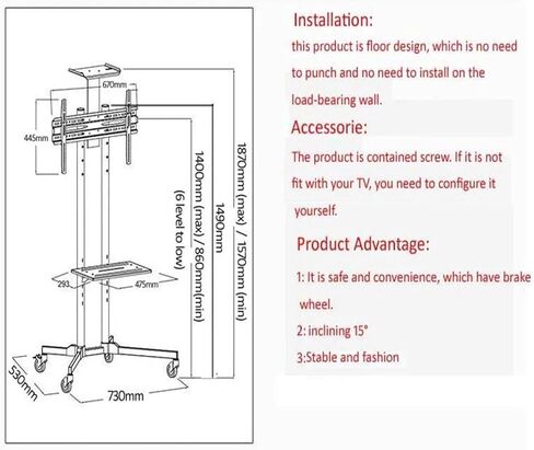 D-Mount DL-SP1 إمالة التلفزيون المحمول عربة رفع 30 "-65" LED LCD تلفزيون بلازما حامل عربة الصلب المدرفلة على البارد in Kuwait