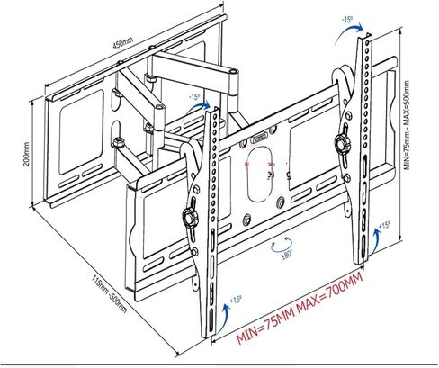 DL-D-108LT 30"-75" 65" 80kg Heavy Duty Full Motion Large TV Wall Mount Bracket 孔距 700X500 Adjustment Arm Bracket Rotate 90 in Saudi Arabia