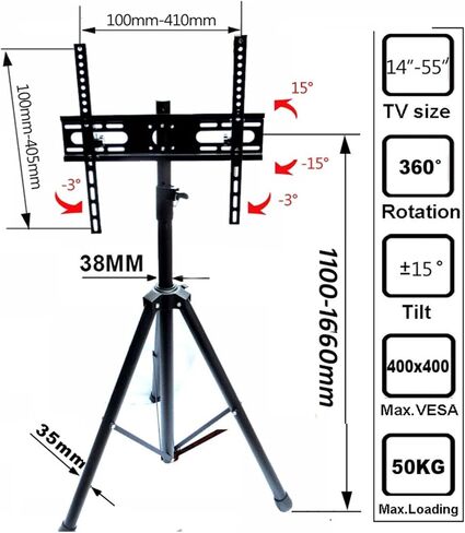 DLS-12MT 14 "-55" ارتفاع قابل للتعديل 50 كجم إمالة تلفزيون LCD حامل أرضي 孔距 400X400 300x300 حامل شاشة عربة in Kuwait
