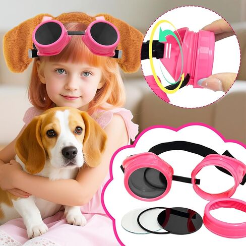Dog Ear Headband Pink Steampunk Goggles,Halloween Brown Dogs Ears Headbands Paw Themed Costume Accessories for Women,Girls Cosplay Party Decorations in Kuwait