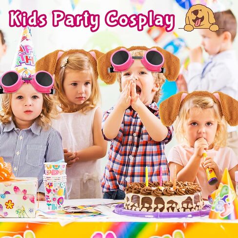 Dog Ear Headband Pink Steampunk Goggles,Halloween Brown Dogs Ears Headbands Paw Themed Costume Accessories for Women,Girls Cosplay Party Decorations in Kuwait