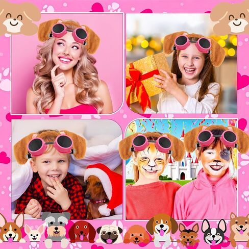 Dog Ear Headband Pink Steampunk Goggles,Halloween Brown Dogs Ears Headbands Paw Themed Costume Accessories for Women,Girls Cosplay Party Decorations in Kuwait