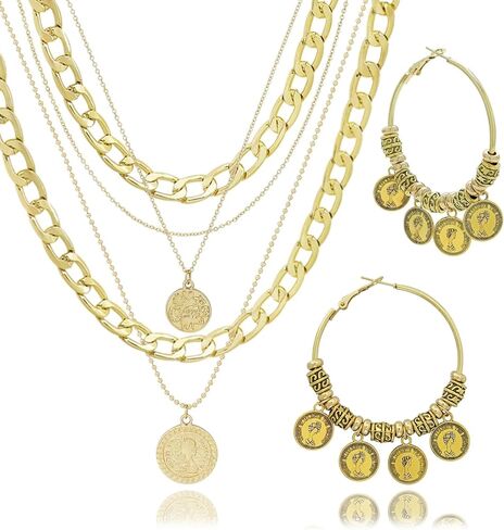 2 Pcs Layered Golden Pirate Necklace Earrings for Women Chunky Chain Layered Necklace Boho Gypsy Hoop Earrings Punk Grunge 80s 90s Coin Pendant Jewelry Halloween Pirate Costume Accessories in Kuwait