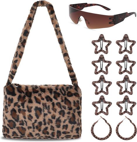 JATEBI 12 Pcs Y2k Accessories Set for Women Leopard Shoulder Bag Sunglasses Circle Earrings Star Clips 2000s Accessories for Party Photos Props Styling Content in Kuwait