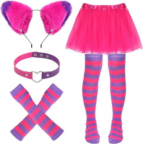 Pink and Purple Striped Cat Costume Accessories, Cat Ears Choker Tutu Skirt Gloves Socks for Halloween Cosplay in Saudi Arabia