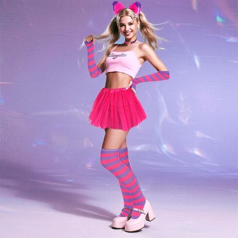 Pink and Purple Striped Cat Costume Accessories, Cat Ears Choker Tutu Skirt Gloves Socks for Halloween Cosplay in Saudi Arabia