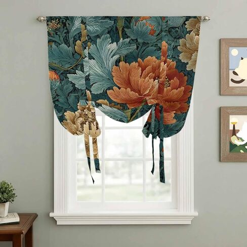 Vintage Floral Tie Up Curtains for Window, Boho Red White Floral Leaves Country Vintage Thermal Insulated Balloon Shade Rod Pocket Curtains Valance Panels for Kitchen Bathroom Café 42'' x 45'' in Saudi Arabia