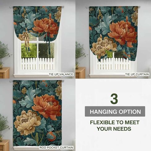Vintage Floral Tie Up Curtains for Window, Boho Red White Floral Leaves Country Vintage Thermal Insulated Balloon Shade Rod Pocket Curtains Valance Panels for Kitchen Bathroom Café 42'' x 45'' in Saudi Arabia