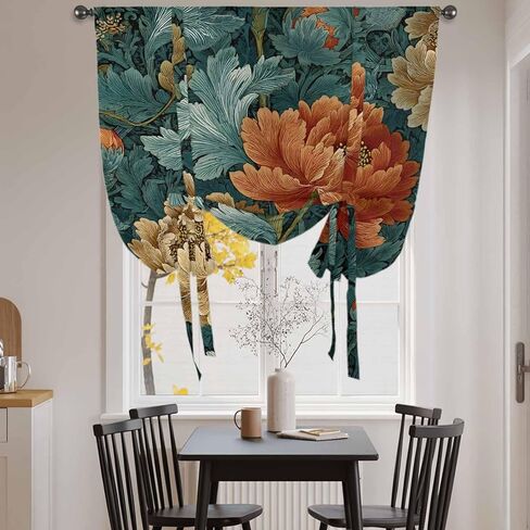 Vintage Floral Tie Up Curtains for Window, Boho Red White Floral Leaves Country Vintage Thermal Insulated Balloon Shade Rod Pocket Curtains Valance Panels for Kitchen Bathroom Café 42'' x 45'' in Saudi Arabia