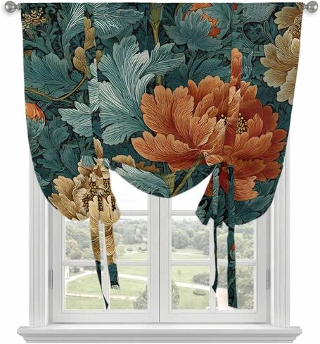 Vintage Floral Tie Up Curtains for Window, Boho Red White Floral Leaves Country Vintage Thermal Insulated Balloon Shade Rod Pocket Curtains Valance Panels for Kitchen Bathroom Café 42'' x 45'' in Saudi Arabia