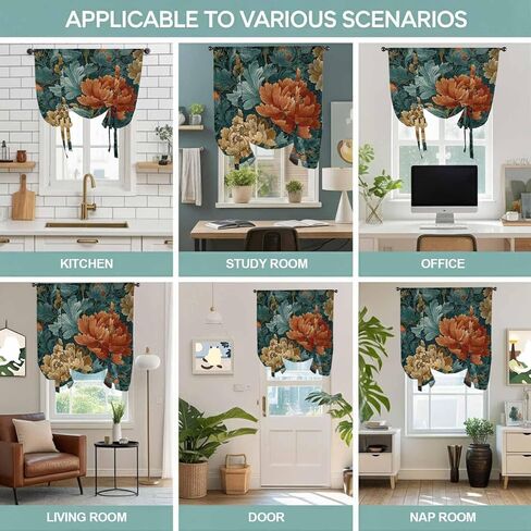 Vintage Floral Tie Up Curtains for Window, Boho Red White Floral Leaves Country Vintage Thermal Insulated Balloon Shade Rod Pocket Curtains Valance Panels for Kitchen Bathroom Café 42'' x 45'' in Saudi Arabia