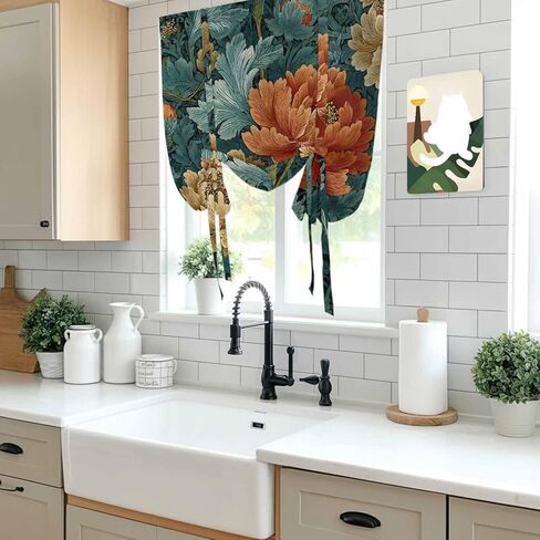 Vintage Floral Tie Up Curtains for Window, Boho Red White Floral Leaves Country Vintage Thermal Insulated Balloon Shade Rod Pocket Curtains Valance Panels for Kitchen Bathroom Café 42'' x 45'' in Saudi Arabia