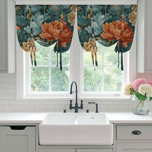 Vintage Floral Tie Up Curtains for Window, Boho Red White Floral Leaves Country Vintage Thermal Insulated Balloon Shade Rod Pocket Curtains Valance Panels for Kitchen Bathroom Café 42'' x 45'' in Saudi Arabia