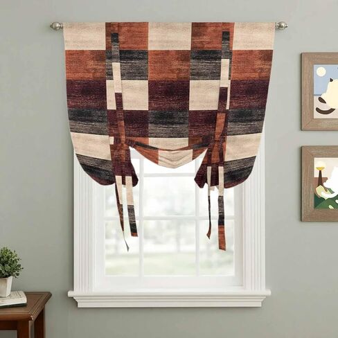 Brown Beige Block Tie Up Curtains for Window, Abstract Art Modern Geometric Thermal Insulated Balloon Shade Adjustable Rod Pocket Curtains Valance Panels for Kitchen Bathroom Café 42'' x 63'' in Saudi Arabia