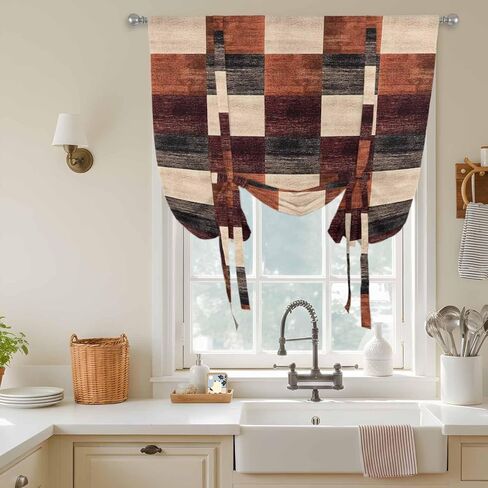 Brown Beige Block Tie Up Curtains for Window, Abstract Art Modern Geometric Thermal Insulated Balloon Shade Adjustable Rod Pocket Curtains Valance Panels for Kitchen Bathroom Café 42'' x 63'' in Saudi Arabia