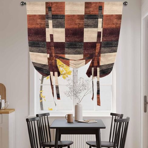 Brown Beige Block Tie Up Curtains for Window, Abstract Art Modern Geometric Thermal Insulated Balloon Shade Adjustable Rod Pocket Curtains Valance Panels for Kitchen Bathroom Café 42'' x 63'' in Saudi Arabia