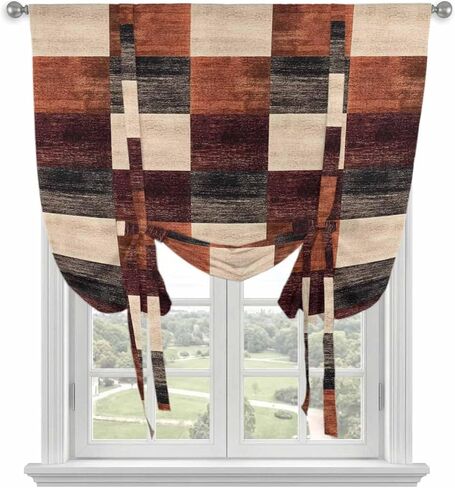 Brown Beige Block Tie Up Curtains for Window, Abstract Art Modern Geometric Thermal Insulated Balloon Shade Adjustable Rod Pocket Curtains Valance Panels for Kitchen Bathroom Café 42'' x 63'' in Saudi Arabia