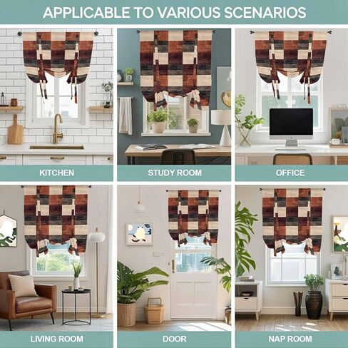 Brown Beige Block Tie Up Curtains for Window, Abstract Art Modern Geometric Thermal Insulated Balloon Shade Adjustable Rod Pocket Curtains Valance Panels for Kitchen Bathroom Café 42'' x 63'' in Saudi Arabia