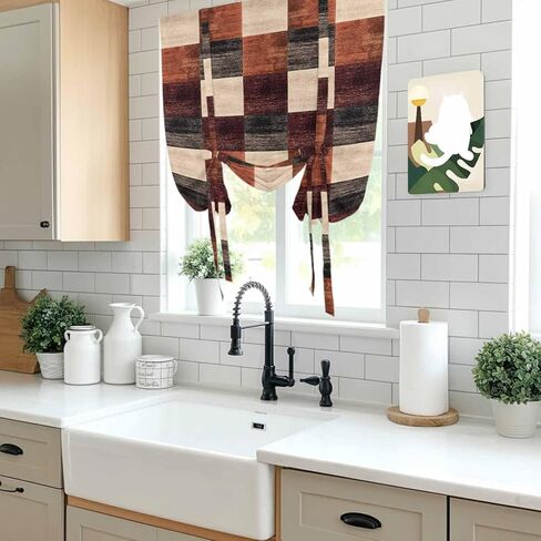 Brown Beige Block Tie Up Curtains for Window, Abstract Art Modern Geometric Thermal Insulated Balloon Shade Adjustable Rod Pocket Curtains Valance Panels for Kitchen Bathroom Café 42'' x 63'' in Saudi Arabia