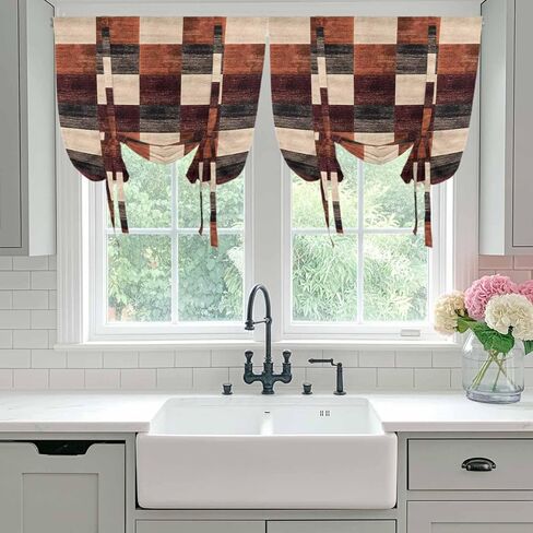 Brown Beige Block Tie Up Curtains for Window, Abstract Art Modern Geometric Thermal Insulated Balloon Shade Adjustable Rod Pocket Curtains Valance Panels for Kitchen Bathroom Café 42'' x 63'' in Saudi Arabia