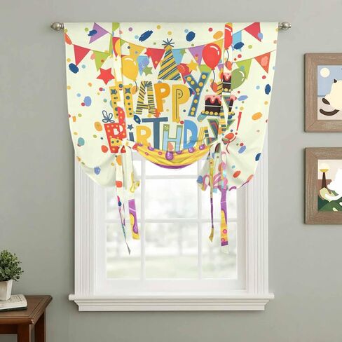 Happy Birthday Tie Up Curtains for Window, Beige Balloon Ribbon Cake Thermal Insulated Balloon Shade Adjustable Rod Pocket Curtains Valance Panels for Kitchen Bathroom Café 46'' x 63'' in Saudi Arabia