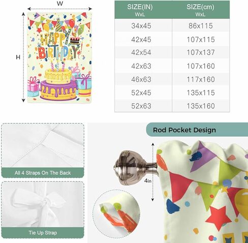 Happy Birthday Tie Up Curtains for Window, Beige Balloon Ribbon Cake Thermal Insulated Balloon Shade Adjustable Rod Pocket Curtains Valance Panels for Kitchen Bathroom Café 46'' x 63'' in Saudi Arabia