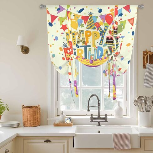 Happy Birthday Tie Up Curtains for Window, Beige Balloon Ribbon Cake Thermal Insulated Balloon Shade Adjustable Rod Pocket Curtains Valance Panels for Kitchen Bathroom Café 46'' x 63'' in Saudi Arabia