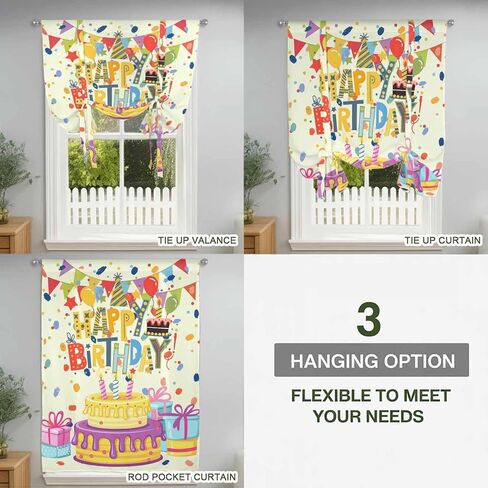 Happy Birthday Tie Up Curtains for Window, Beige Balloon Ribbon Cake Thermal Insulated Balloon Shade Adjustable Rod Pocket Curtains Valance Panels for Kitchen Bathroom Café 46'' x 63'' in Saudi Arabia