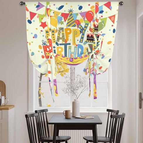 Happy Birthday Tie Up Curtains for Window, Beige Balloon Ribbon Cake Thermal Insulated Balloon Shade Adjustable Rod Pocket Curtains Valance Panels for Kitchen Bathroom Café 46'' x 63'' in Saudi Arabia