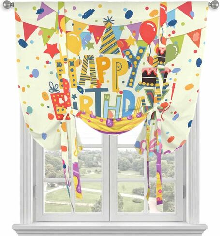 Happy Birthday Tie Up Curtains for Window, Beige Balloon Ribbon Cake Thermal Insulated Balloon Shade Adjustable Rod Pocket Curtains Valance Panels for Kitchen Bathroom Café 46'' x 63'' in Saudi Arabia