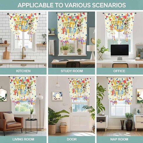 Happy Birthday Tie Up Curtains for Window, Beige Balloon Ribbon Cake Thermal Insulated Balloon Shade Adjustable Rod Pocket Curtains Valance Panels for Kitchen Bathroom Café 46'' x 63'' in Saudi Arabia