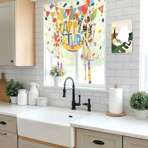 Happy Birthday Tie Up Curtains for Window, Beige Balloon Ribbon Cake Thermal Insulated Balloon Shade Adjustable Rod Pocket Curtains Valance Panels for Kitchen Bathroom Café 46'' x 63'' in Saudi Arabia