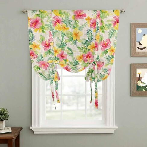 Pink Spring Flowers Tie Up Curtains for Window, Leaves Vintage Botanical Country Rural Thermal Insulated Balloon Shade Rod Pocket Curtains Valance Panels for Kitchen Bathroom Café 42'' x 54'' in Saudi Arabia