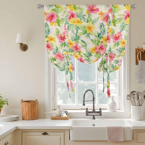 Pink Spring Flowers Tie Up Curtains for Window, Leaves Vintage Botanical Country Rural Thermal Insulated Balloon Shade Rod Pocket Curtains Valance Panels for Kitchen Bathroom Café 42'' x 54'' in Saudi Arabia