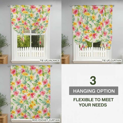 Pink Spring Flowers Tie Up Curtains for Window, Leaves Vintage Botanical Country Rural Thermal Insulated Balloon Shade Rod Pocket Curtains Valance Panels for Kitchen Bathroom Café 42'' x 54'' in Saudi Arabia