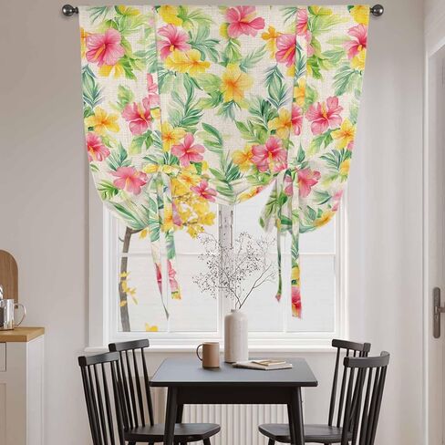 Pink Spring Flowers Tie Up Curtains for Window, Leaves Vintage Botanical Country Rural Thermal Insulated Balloon Shade Rod Pocket Curtains Valance Panels for Kitchen Bathroom Café 42'' x 54'' in Saudi Arabia