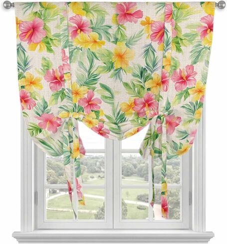 Pink Spring Flowers Tie Up Curtains for Window, Leaves Vintage Botanical Country Rural Thermal Insulated Balloon Shade Rod Pocket Curtains Valance Panels for Kitchen Bathroom Café 42'' x 54'' in Saudi Arabia