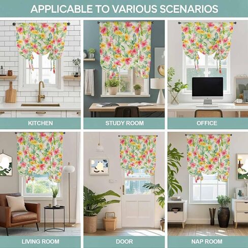 Pink Spring Flowers Tie Up Curtains for Window, Leaves Vintage Botanical Country Rural Thermal Insulated Balloon Shade Rod Pocket Curtains Valance Panels for Kitchen Bathroom Café 42'' x 54'' in Saudi Arabia