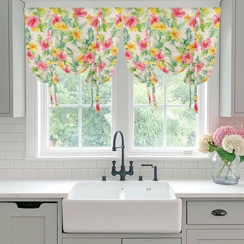 Pink Spring Flowers Tie Up Curtains for Window, Leaves Vintage Botanical Country Rural Thermal Insulated Balloon Shade Rod Pocket Curtains Valance Panels for Kitchen Bathroom Café 42'' x 54'' in Saudi Arabia