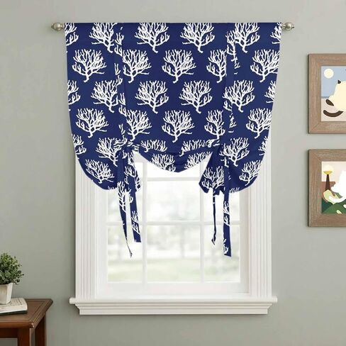 Navy Blue Coral Tie Up Curtains for Window, Coastal Nautical Ocean Life Thermal Insulated Balloon Shade Adjustable Rod Pocket Curtains Valance Panels for Kitchen Bathroom Café 52'' x 45'' in Saudi Arabia