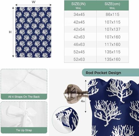 Navy Blue Coral Tie Up Curtains for Window, Coastal Nautical Ocean Life Thermal Insulated Balloon Shade Adjustable Rod Pocket Curtains Valance Panels for Kitchen Bathroom Café 52'' x 45'' in Saudi Arabia