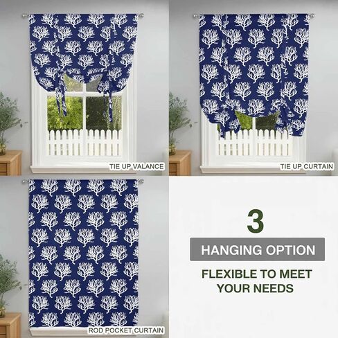 Navy Blue Coral Tie Up Curtains for Window, Coastal Nautical Ocean Life Thermal Insulated Balloon Shade Adjustable Rod Pocket Curtains Valance Panels for Kitchen Bathroom Café 52'' x 45'' in Saudi Arabia